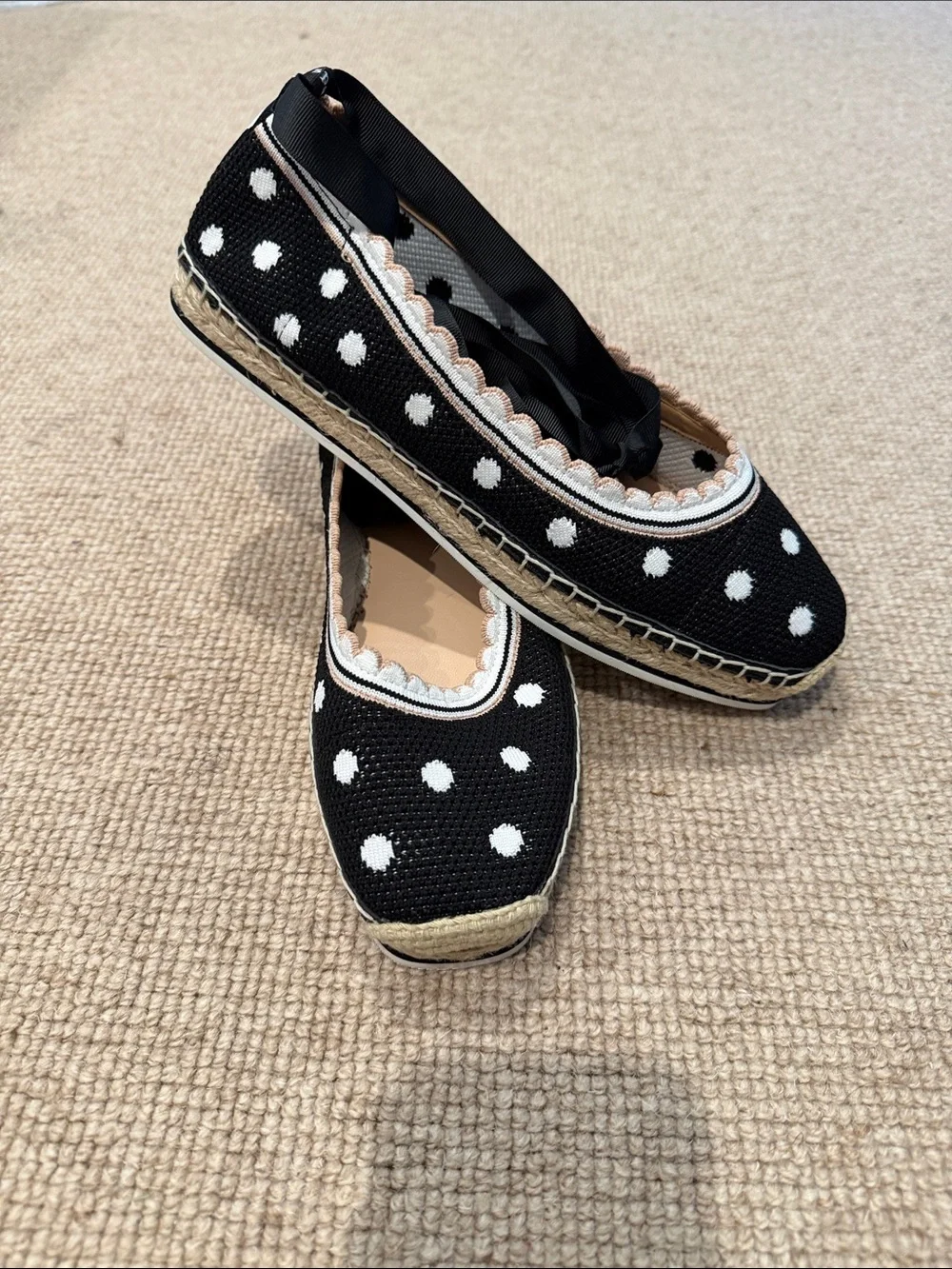 Kate Spade Black Polka Dot Espadrille Flats with Ribbon Tie